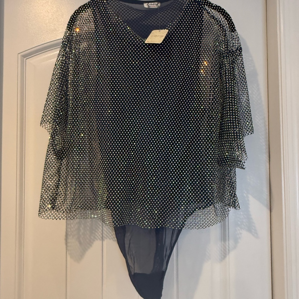 Free People Intimately blue bodysuit with mesh/gem overlay
